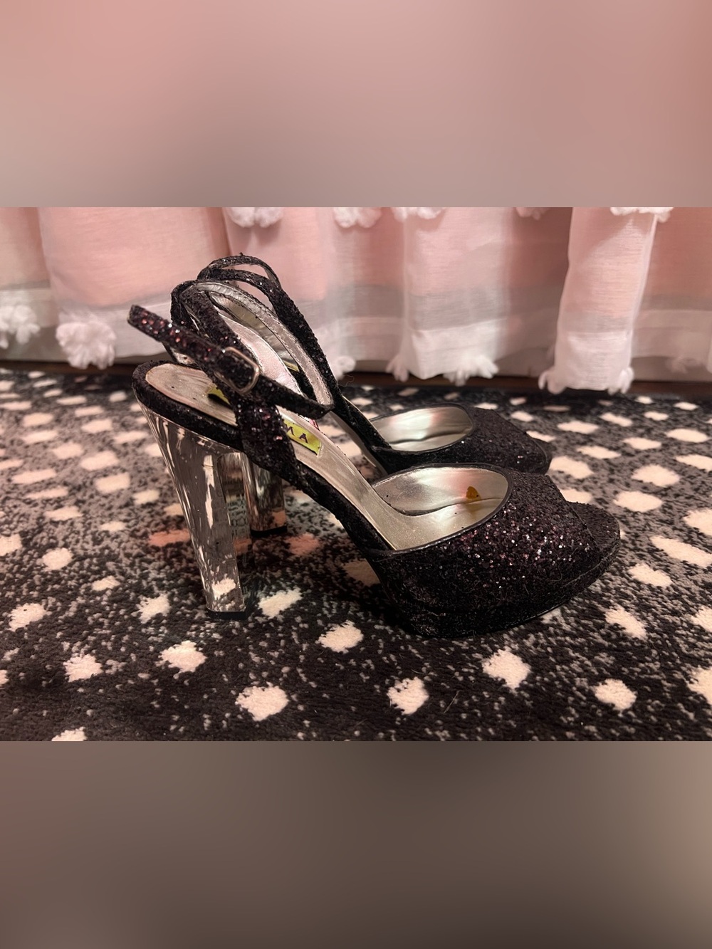 Enigma Black Glitter Platform Slingback with Silver Heel